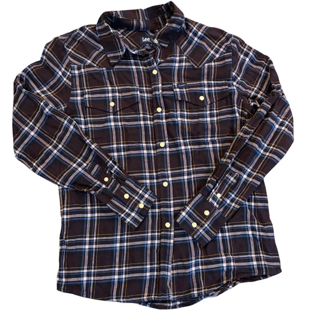 Lee Western Shirt Women’s XS Pearl Snap Long‎ Sleeve Maroon Blue Plaid Flannel